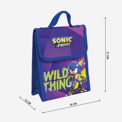 Mala pequena azul e roxa com imagem do Sonic e texto SONIC PRIME e WILD THING