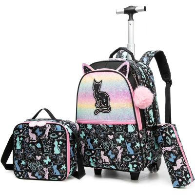 Conjunto escolar com mochila de rodinhas, lancheira e estojo com padrão de gatos coloridos