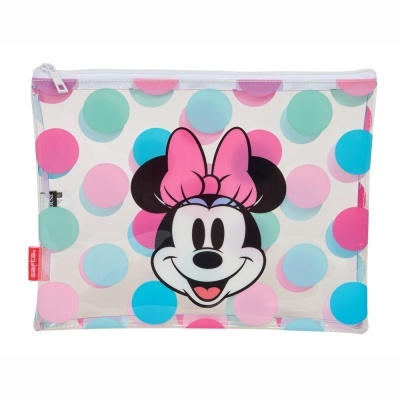 Estojo plástico transparente com estampa da Minnie Mouse e bolinhas coloridas