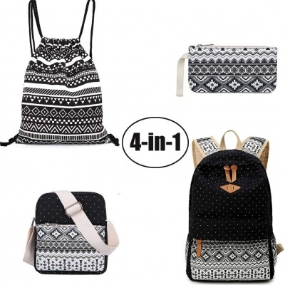 Conjunto de mochilas e acessórios 4 em 1 em preto e branco com padrões geométricos.