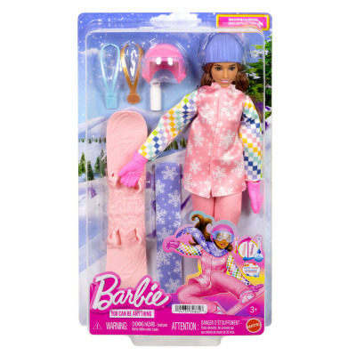 Boneca Barbie com roupa de snowboard rosa e acessórios em embalagem