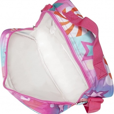 Mala térmica colorida com padrão de estrelas, interior branco, fecho rosa e alças rosa