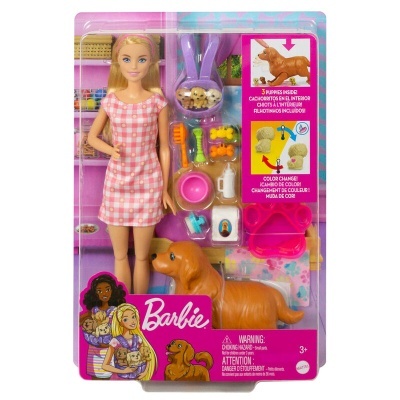 Boneca Barbie com vestido rosa e branco, cachorro castanho e acessórios de cuidado para animais em embalagem rosa.