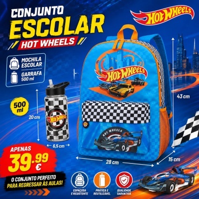 Conjunto escolar Hot Wheels com mochila azul e garrafa transparente.