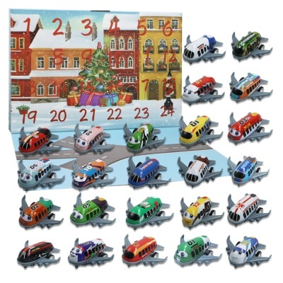 Calendário do advento com 24 aviões de brinquedo coloridos numerados e caixa decorativa de natal