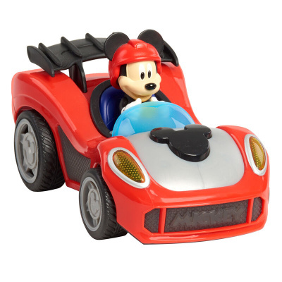 Carrinho de brinquedo vermelho com figura de rato Mickey e volante azul