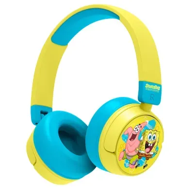 Auriculares infantis amarelos e azuis com Bob Esponja e Patrick