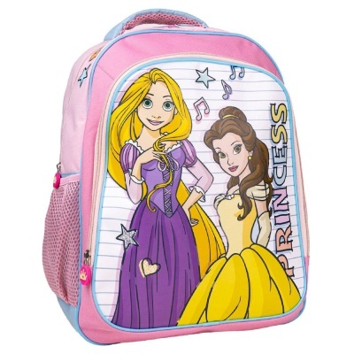 Mochila infantil rosa com estampa de princesas e texto PRINCESS