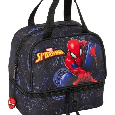 Mochila preta com imagem do Spider-Man e padrão de teias de aranha azuis