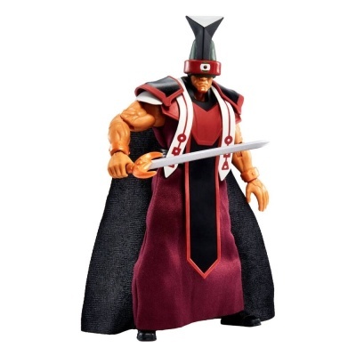 Figura de ação com espada e capa a fundo branco