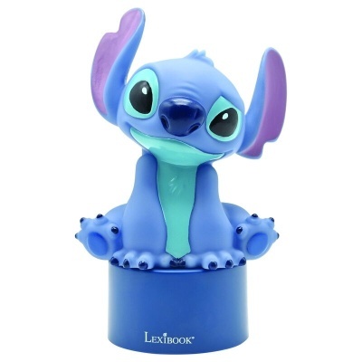 Figura de vinil azul do personagem Stitch sentado sobre base azul com a marca LEXIBOOK