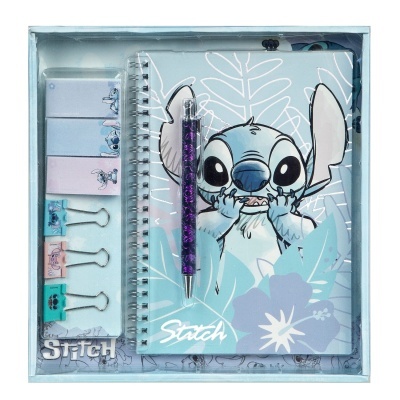 Conjunto de material de escritório Stitch com caderno, caneta, post-its e clips