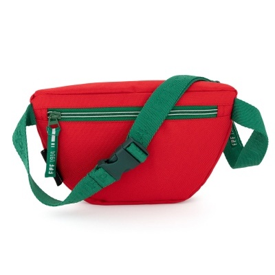Pochete vermelha com fecho verde e alça verde ajustável