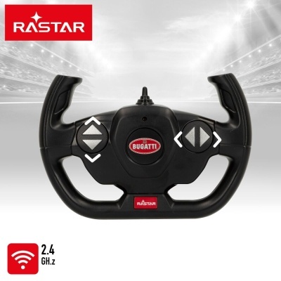 Comando de carro RC preto com logótipo BUGATTI e marca RASTAR