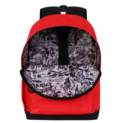 Mochila vermelha com interior estampado a preto e branco