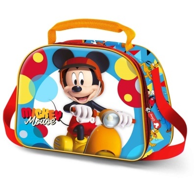 Mala infantil colorida com Mickey Mouse em scooter amarelo