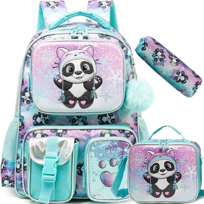 Conjunto panda mochila lilás turquesa estojo saco térmico carteira