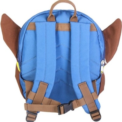 Mochila azul com alças castanhas e orelhas castanhas nas laterais