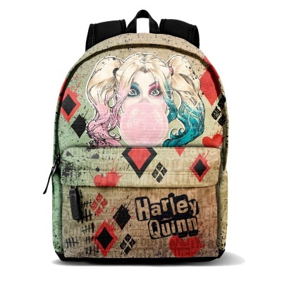 Mochila com estampa de Harley Quinn e padrão de cartas de baralho.