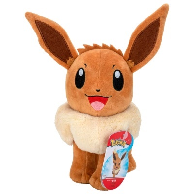 Pelúcia Eevee Pokémon castanho e creme com etiqueta colorida