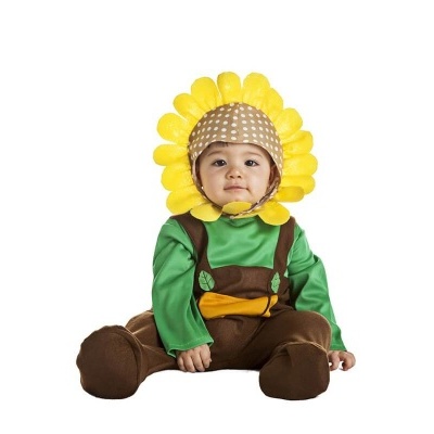 Fato de bebé girassol com flores amarelas, camisa verde e calças castanhas, sentado