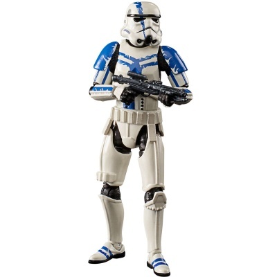 Figura de ação Clone Trooper Star Wars em plástico branco e azul segurando arma preta
