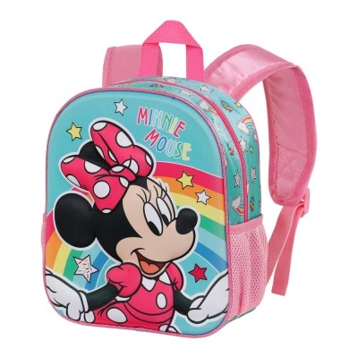 Mochila infantil rosa com desenho da Minnie Mouse e texto colorido 'MINNIE MOUSE'