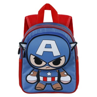 Mochila infantil azul e vermelha com estampa do Capitão América em desenho animado
