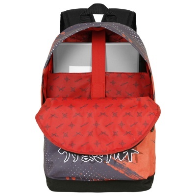 Mochila aberta com interior vermelho estrelado e compartimento para portátil