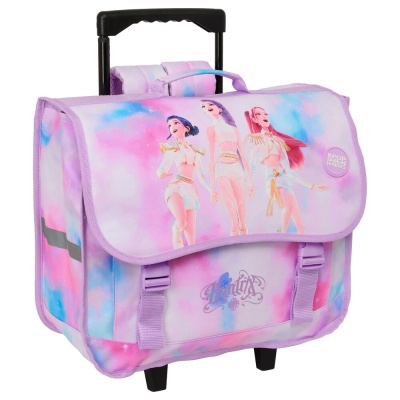 Mala de carrinho infantil colorida com personagens femininas e texto K-POP DEMON HUNTERS