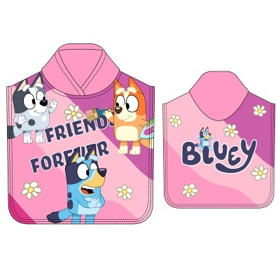 Poncho infantil rosa com personagens Bluey e texto Friends Forever e Bluey