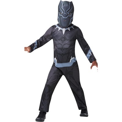 Fato infantil Pantera Negra preto com máscara integrada e detalhes prateados