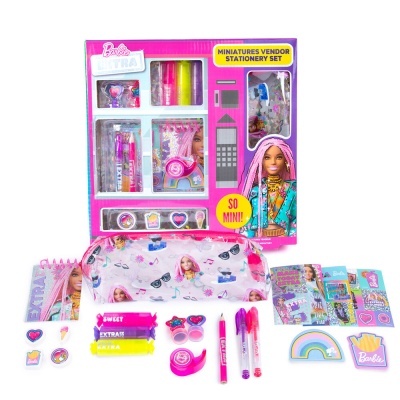 Conjunto de papelaria Barbie Miniatures Vendor com estojo e vários acessórios coloridos
