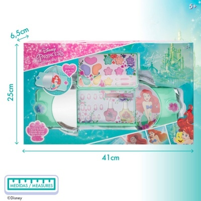 Kit maquilhagem Disney Princesa Ariel com sombras coloridas e espelho numa caixa azul e rosa.
