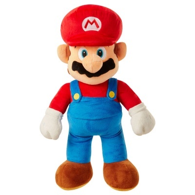 Boneco de pelúcia do Mario com fato azul e boné vermelho