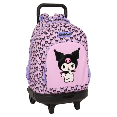 Mala de rodas infantil rosa com padrão de personagem preta e branca e alça preta retrátil