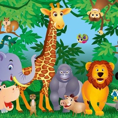 Ilustração de animais selvagens numa floresta verde