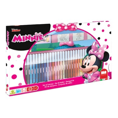 Conjunto de carimbos Minnie com várias cores em embalagem rosa com bolinhas e personagem Minnie desenhada