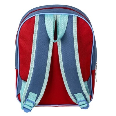Mochila pequena azul e vermelha vista por trás com alças acolchoadas