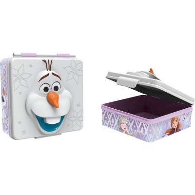 Mala pequena metálica da Disney Frozen com tampa da personagem Olaf e imagens de Anna e Elsa nas laterais.