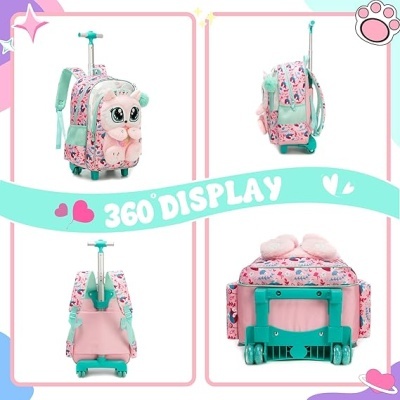 Mochila infantil rosa com rodas e estampas de corações e rosto de urso