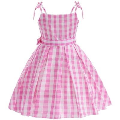 Vestido infantil rosa e branco com padrão xadrez e alças de amarrar