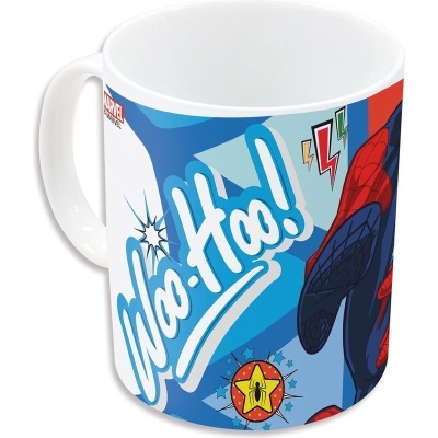 Caneca branca com design colorido e texto WOO-HOO