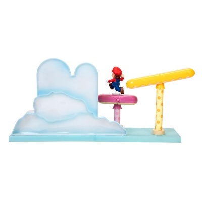 Figura de Mario a saltar entre plataformas coloridas