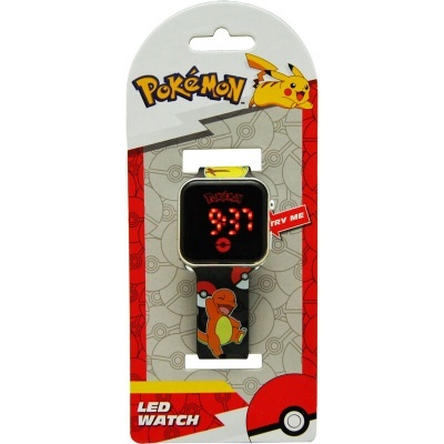 Relógio LED Pokémon com bracelete preto e personagem Charmander em embalagem colorida