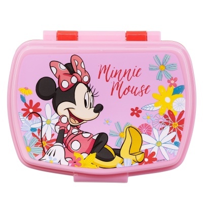 Estojo rosa com imagem da Minnie Mouse e flores coloridas