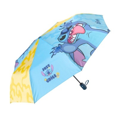 Guarda-chuva com estampa do personagem Stitch em azul e amarelo.