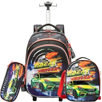 Conjunto mochila, bolsa e estojo com estampa de carro verde e texto Great Driver