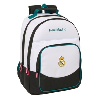 Mochila branca, preta e azul com emblema Real Madrid