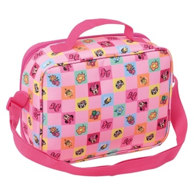 Mala infantil rosa com padrão colorido e personagens Minnie